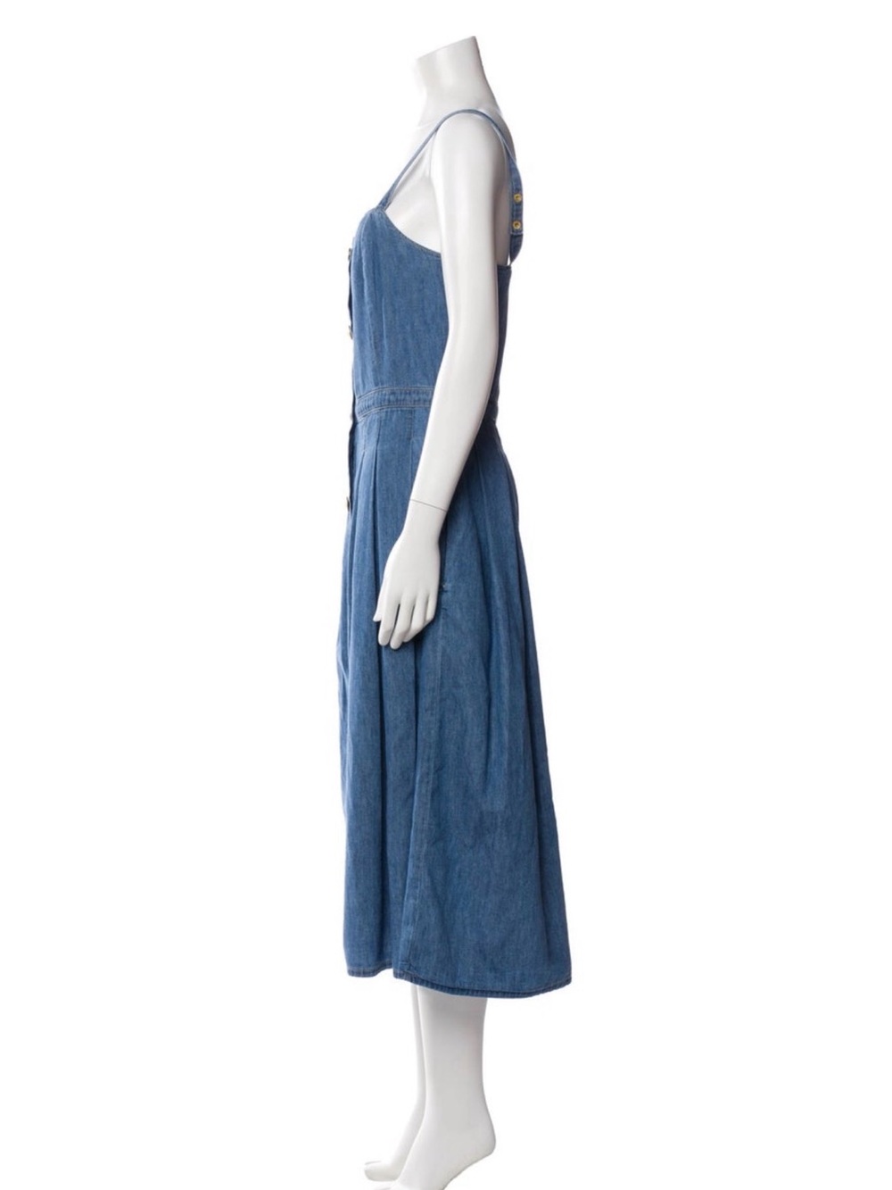 L'AGENCE Blue Denim Button-Down Midi Dress with Gold Buttons - Picture 3 of 4